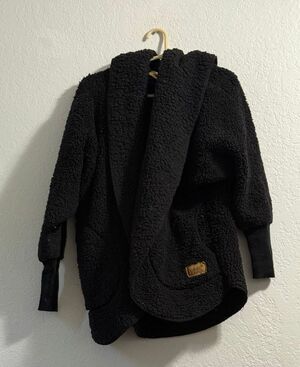 NORDIC BEACH Black Hooded Fleece Wrap, One size, cardigan jacket
